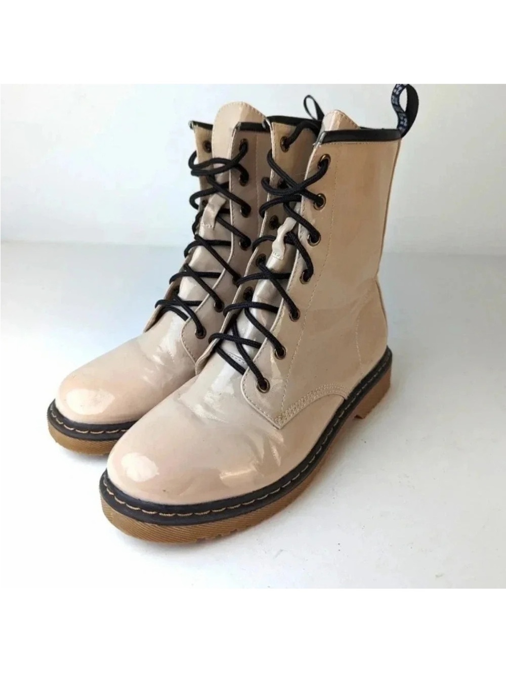 Lady Godiva Patent Leather Moto Combat Boots